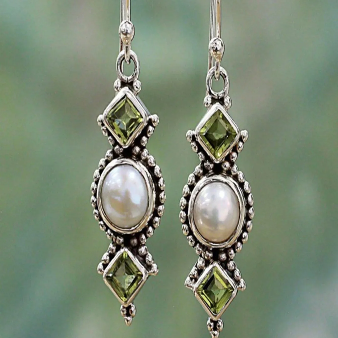 

1 Pair Vintage Irregular Geometric Drop Earrings Inlaid Faux Pearls & Synthetic Gemstones Boho Style Hook Earrings