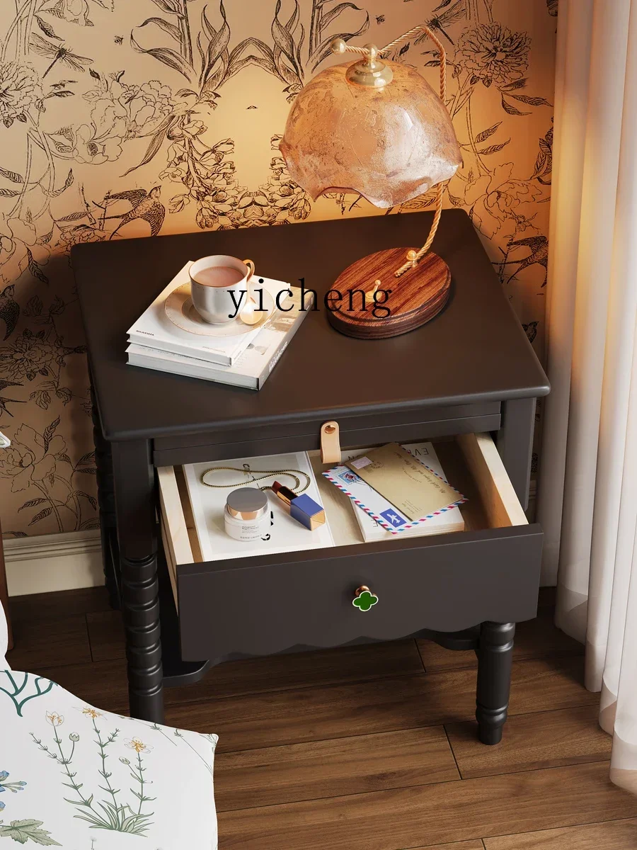 b9.21-Retro Bedside Table Solid Wood Bedside Storage Storage Cabinet Master Bedroom Small Black Small Bedside Table