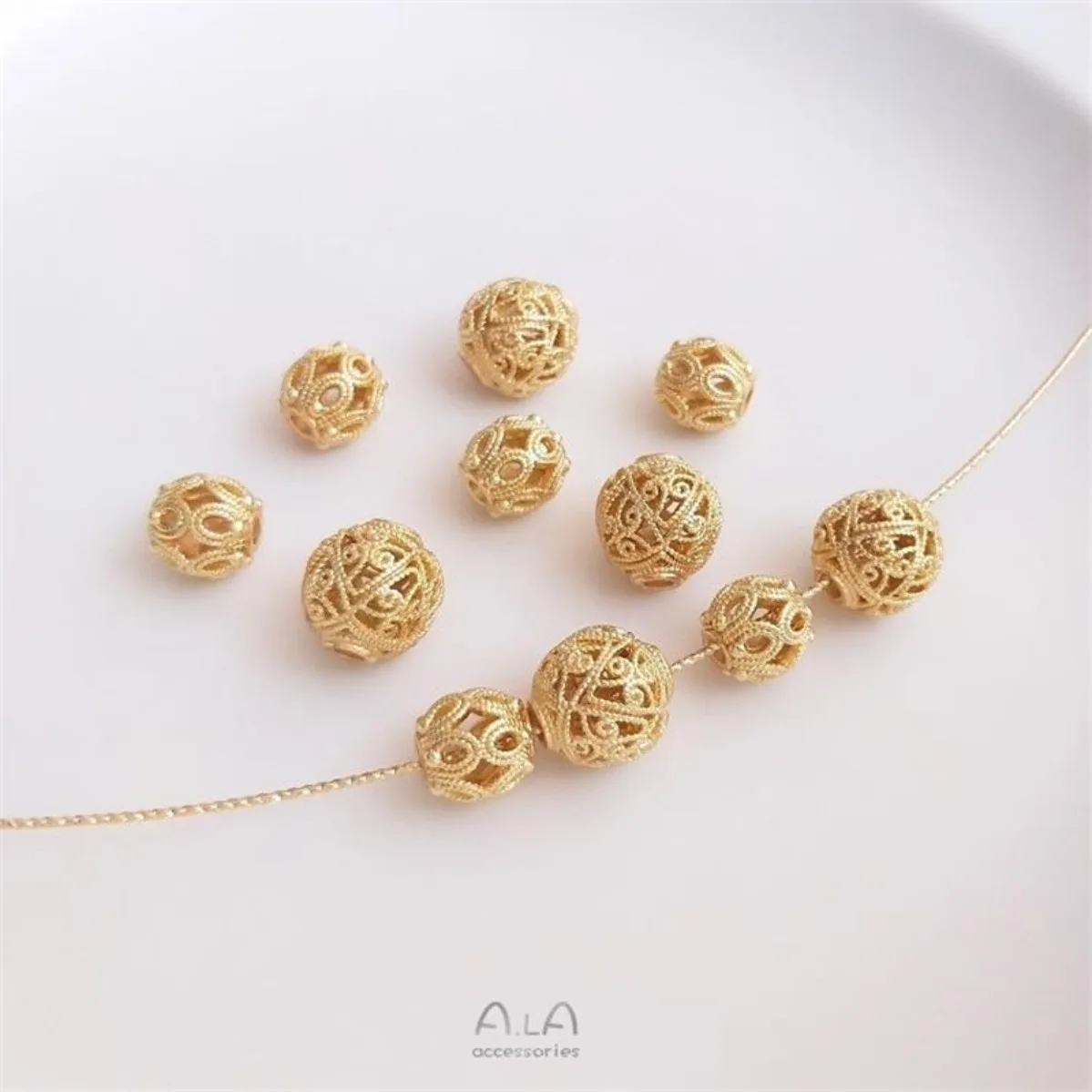 Brass 14K Gold Plated Hydrangea Hollow Flower Ball Swirl Pattern Full Hole Round Beads DIY Bracelet Necklace Earring Findings