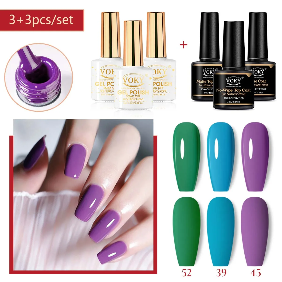 VOKY-Juego de 6 esmaltes de uñas en gel para mujer, Kit de colores, capa superior mate, capa superior y capa Base, 7ML, adecuado como regalo