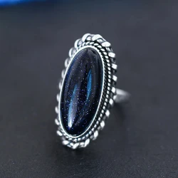 925 Sterling Silver Ring Jewelry Vintage Blue Sandstone Large Stone Luxury Elegant Ring Fine Gift  Rings for Women Men