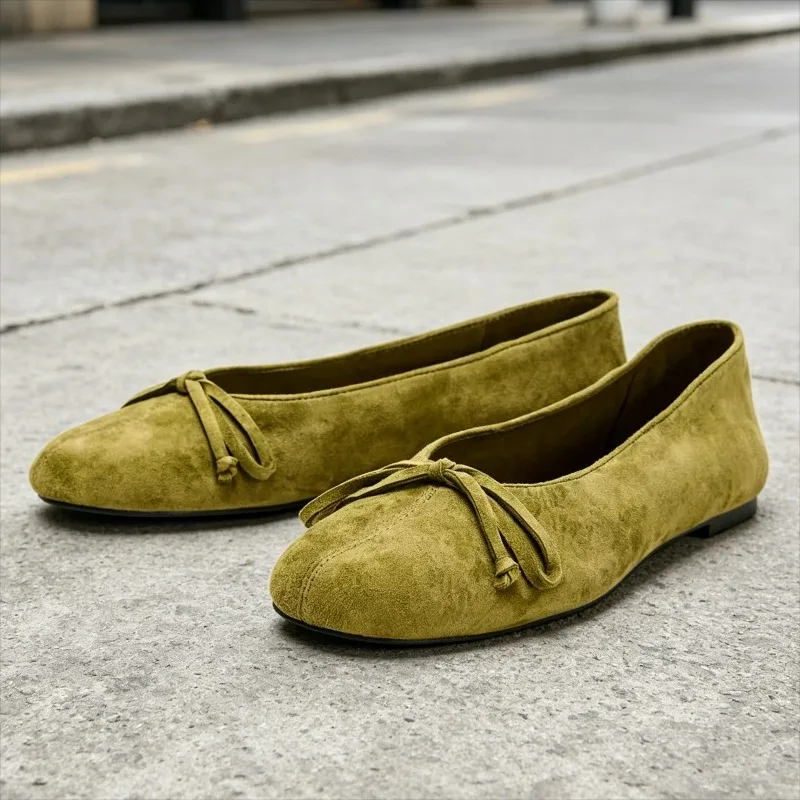 Green Faux Suede Ballet Flats Women Retro Bowknot Detail Round Toe Mary Jane Shoes Comfortable Light Soft-soled Designer Shoes