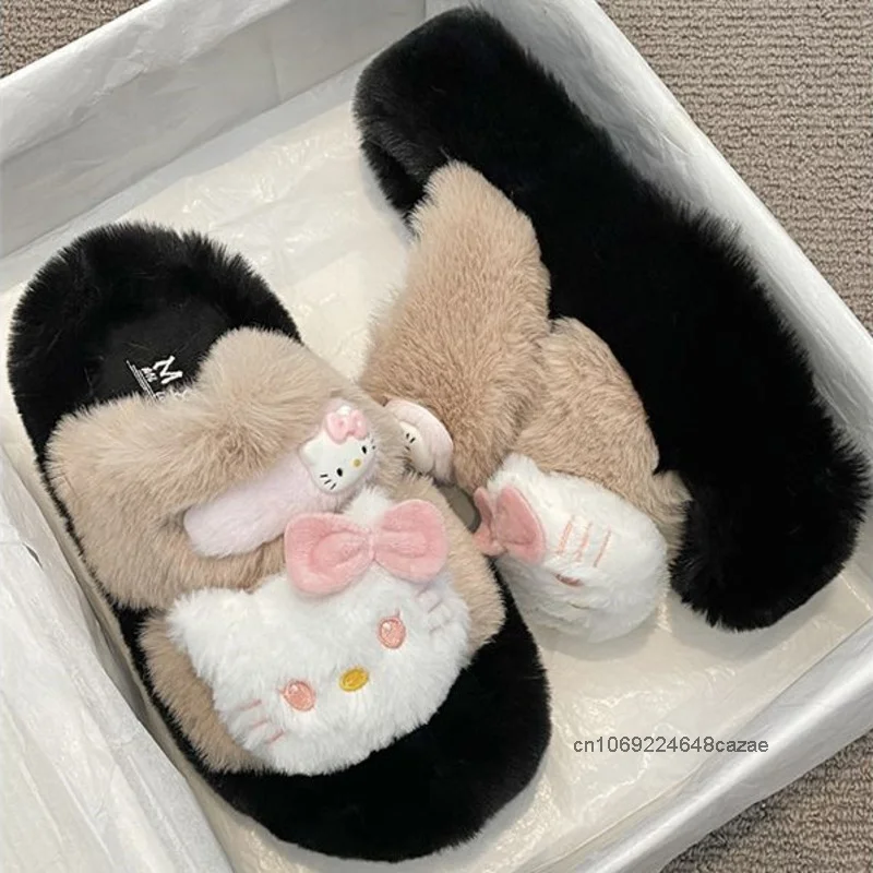 Hello Kitty Cute Cartoon Plush Slippers Female Winter New Fashion Warm Home Shoes Korean Style Casual Versatile Cotton Slippers