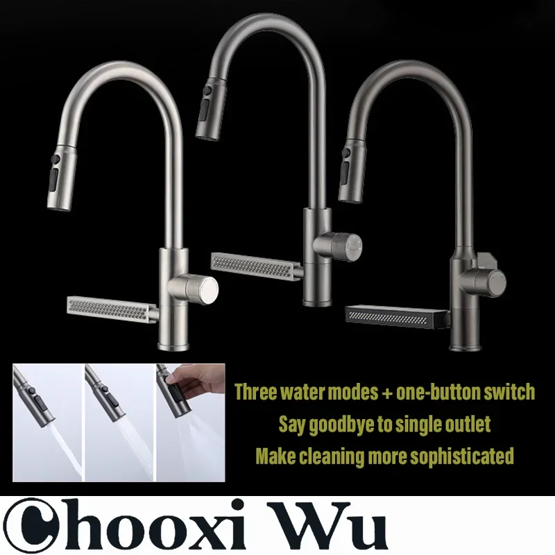 Torneira de cozinha de aço inoxidável 304 com instalação de bancada de pia cascata misturador quente e frio 360 °   Rotação para Cozinha
