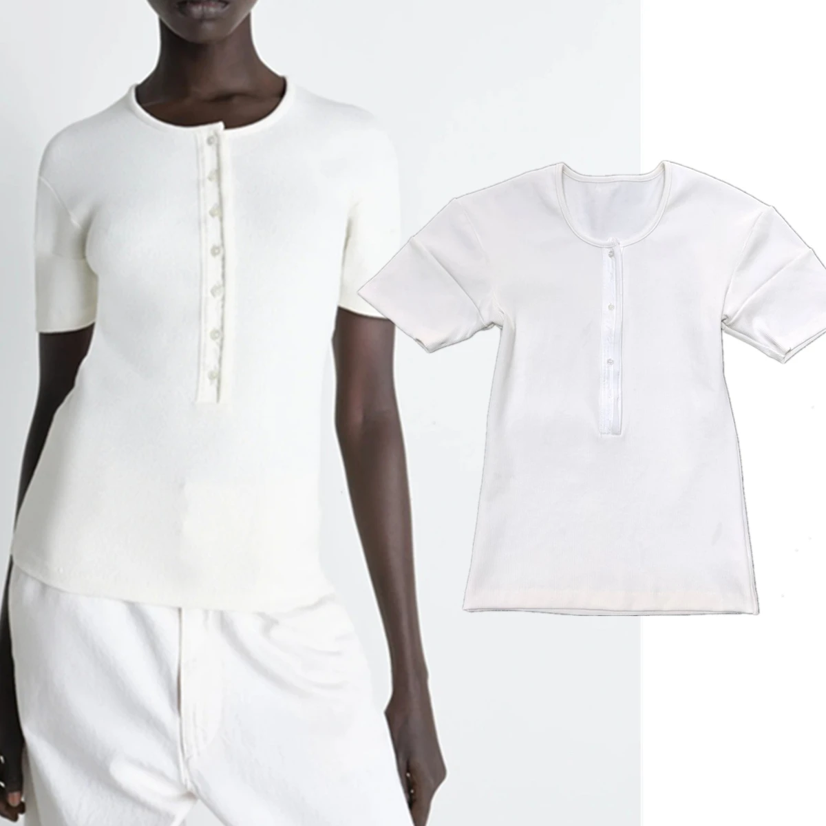 

Maxdutti 2026 Minimalist Fashion Slim Fit Henry Collar Ribbed Knit T-shirt For Women Commuting Short Sleeved Top Woman Clothes
