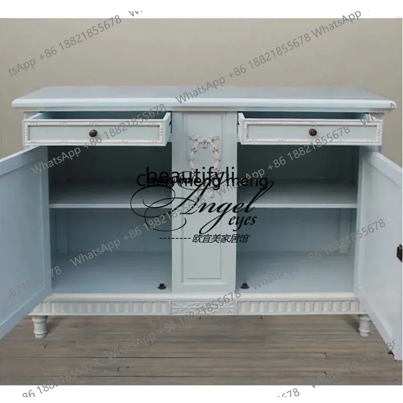 ss26 American solid wood carving flower retro whitening porch cabinet TV cabinet Storage storage side cabinet