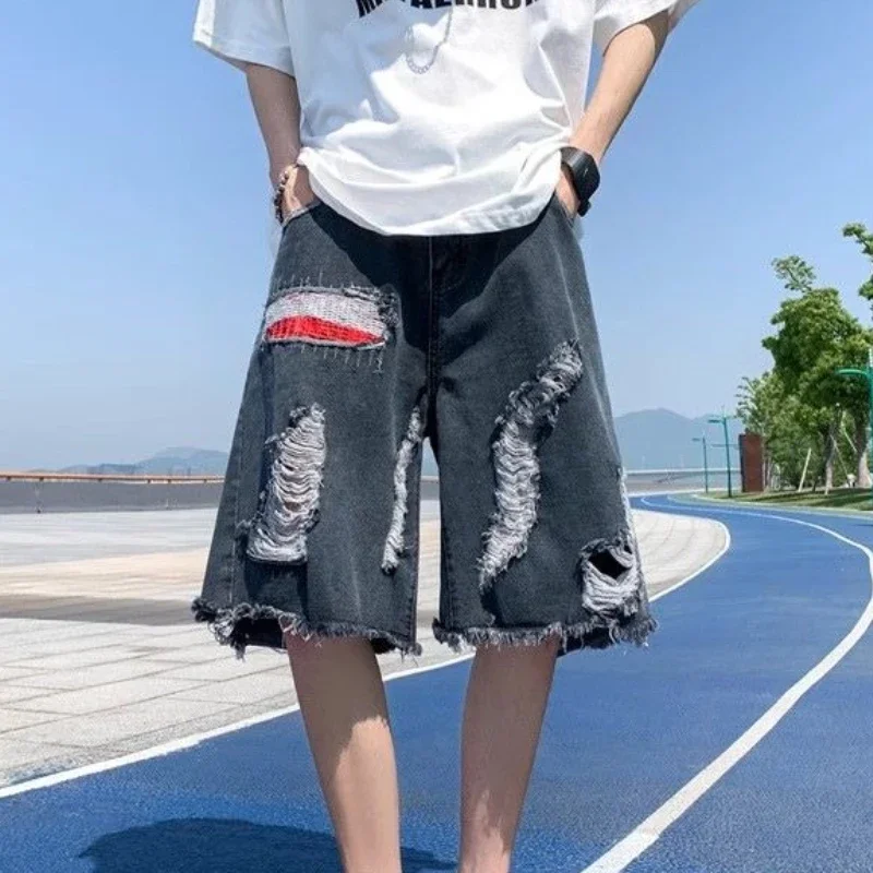 

Baggy Man Denim Shorts Short Jeans Pants for Men Ripped Half Wide Bermuda with Pockets Long Loose Cowboy New in Rude Emo Cut Xl