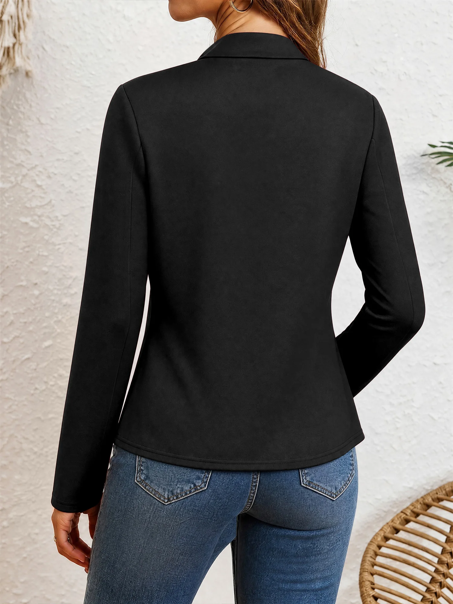 Ladies Solid Stand Collar Open Front Blazer Long Sleeve Slim Cut Spring Autumn Outer Coat