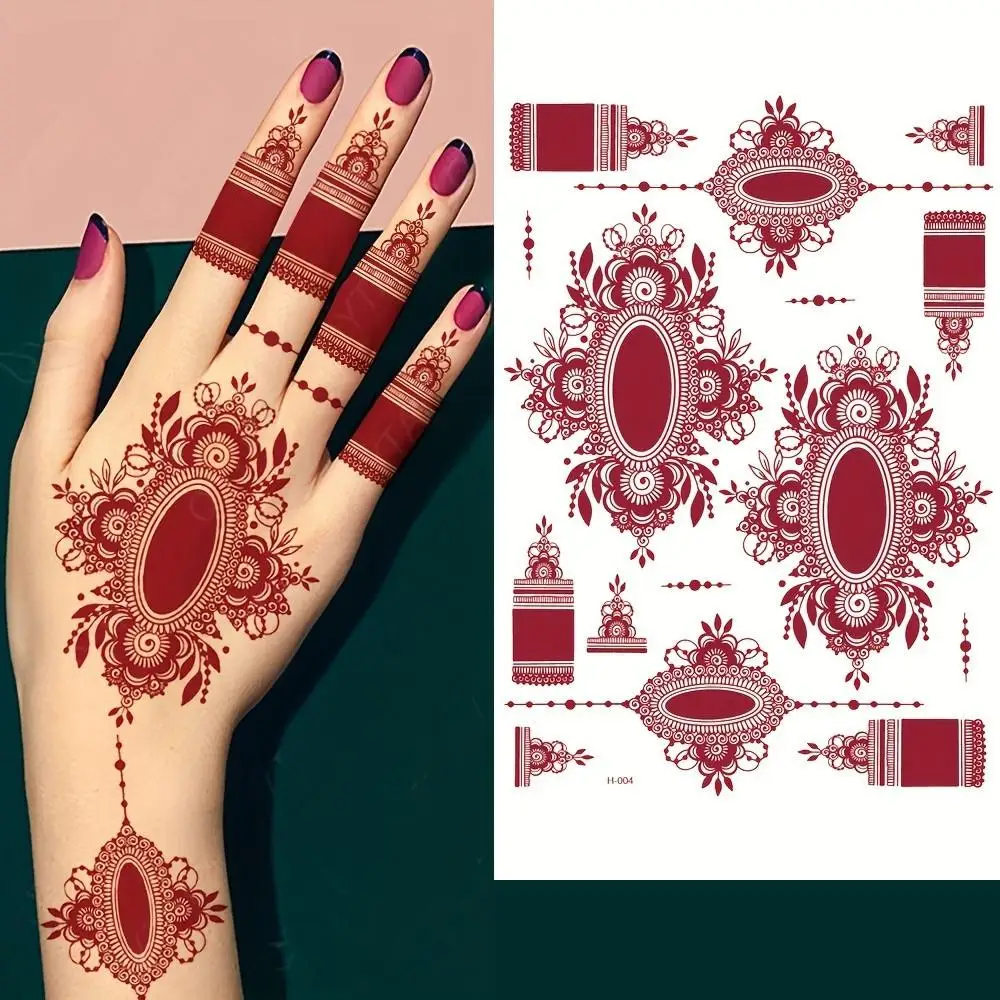 ملصقات وشم الحناء المقاومة للماء للنساء على شكل زهرة حمراء وشم مزيف لليد وشم مؤقت لمهرجان حفلات الزفاف