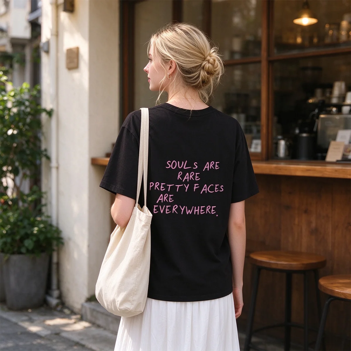 Souls Are Rare Pretty Faces Are Everywhere Graphic T-Shirt Aesthetic Handwritten Quote Back Print Tee Inspirational Minimal Tops