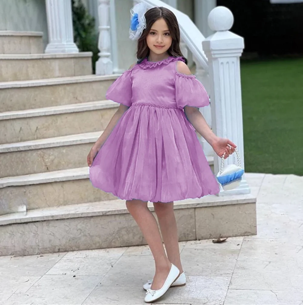 Robe de luxe à perles pour filles, épaules dénudées, manches courtes bouffantes, ligne A, robe à fleurs pour fête de mariage, longueur aux genoux, robe de première Communion, nouvelle collection