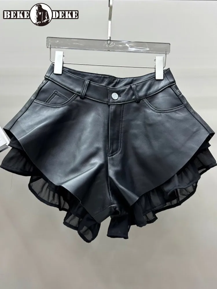 

Женские шорты из овчины с высокой талией из натуральной кожи, модные лоскутные широкие мини-брюки, женские сексуальные шорты для ночного клуба и вечеринки