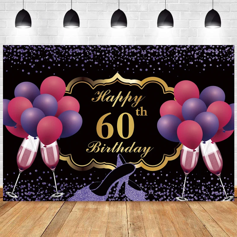 Blue 60th Backdrop For Woman Man Happy Birthday Party Sixty 60 Years Old Photograph Background Photo Banner Decoration Prop