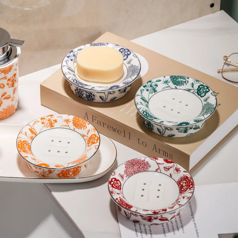 Floral Decorative Self Draining Soap Dish,Double-Layer Round Soap Tray Soap Holder for Shower, Bathroom & Kitchen