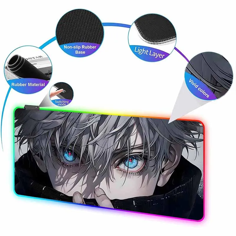 Anime Jujutsu Kaisen Large LED Mouse Mat Rubber Mousepad Gojo Satoru Yuji RGB Mouse Pad Gamer HD Print Table Mat Keyboard Pads