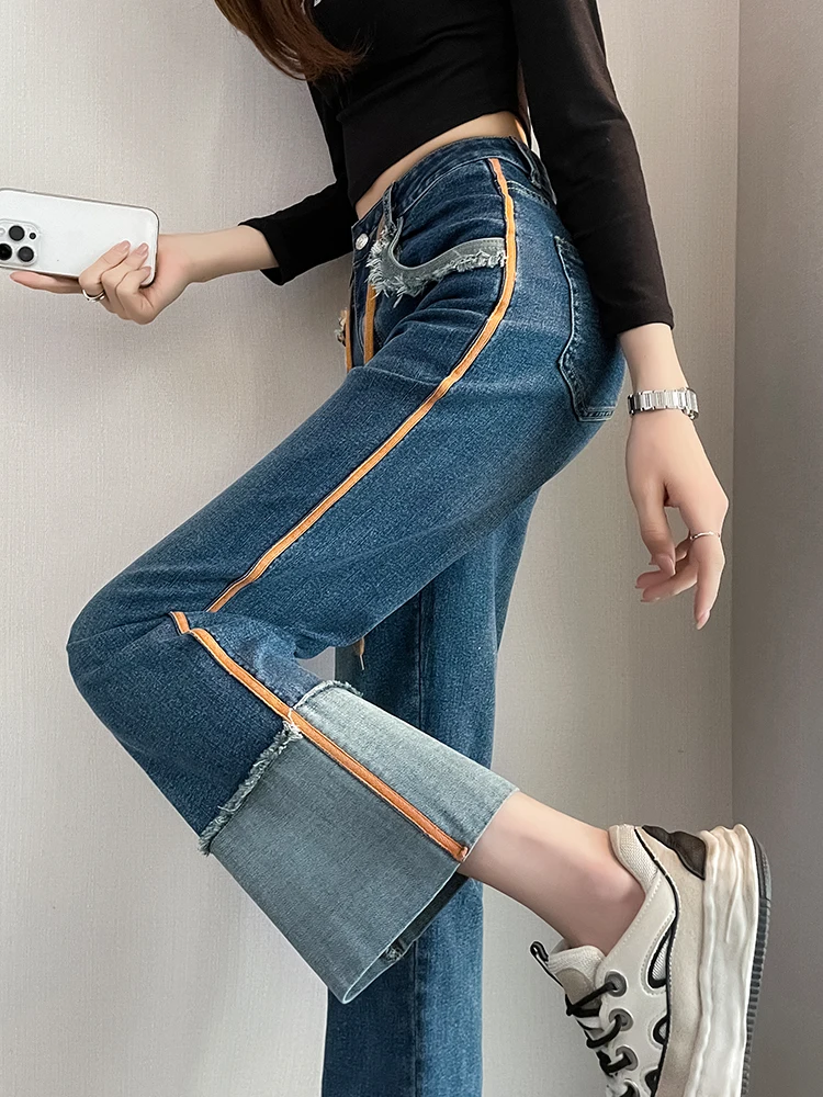 

Retro Hemmed Straight Jeans Women's Spring and Autumn 2023 New Fashion High Waist Short Contrast Nine-Point Pipe Pants