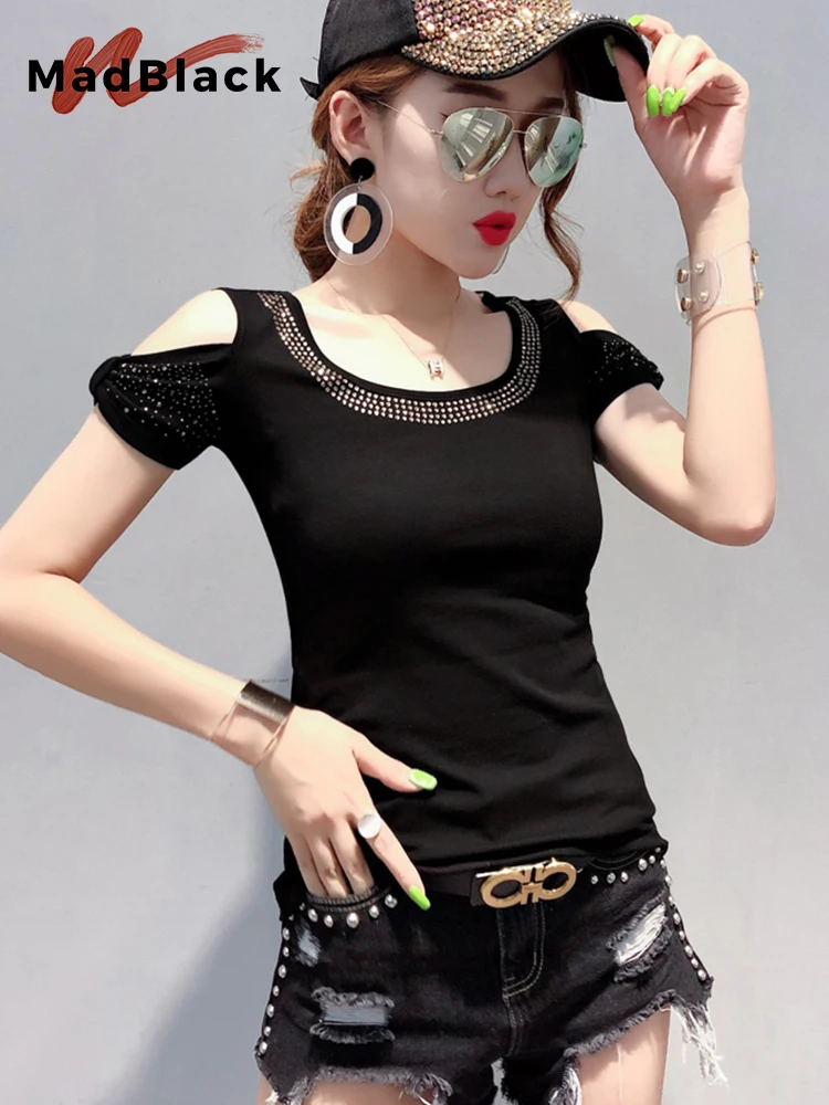 MadBlack Summer European Clothes Knit T-Shirt Sexy Glitter Luxury Rivets Women Slim Tops Short Sleeve Tees 2023 T33011X