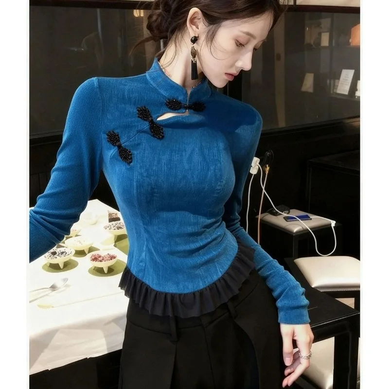 

Новый однотонный бархатный короткий топ в китайском стиле, высококачественная модная и стильная зимняя рубашка на пуговицах в стиле ретро.