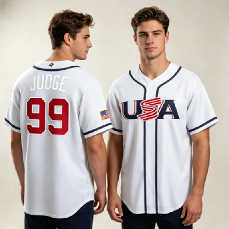 Nouveau Maillot de Baseball Été 2026 USA Judge 99 Homme Bleu Marine WBC Version Fan Manches Courtes Haut Sportif Parent-Enfant