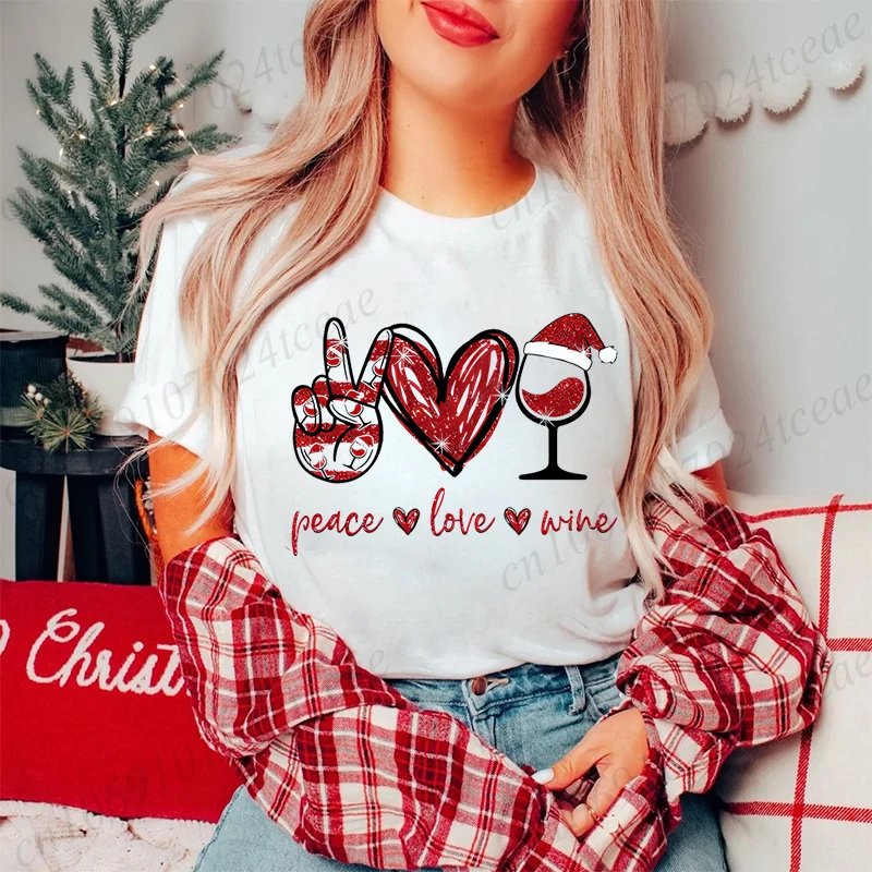 

Рождественские футболки Peace Love для женщин, уличная одежда с графическим рисунком, рубашки в стиле Харадзюку, модная футболка для рождественской вечеринки, повседневная футболка