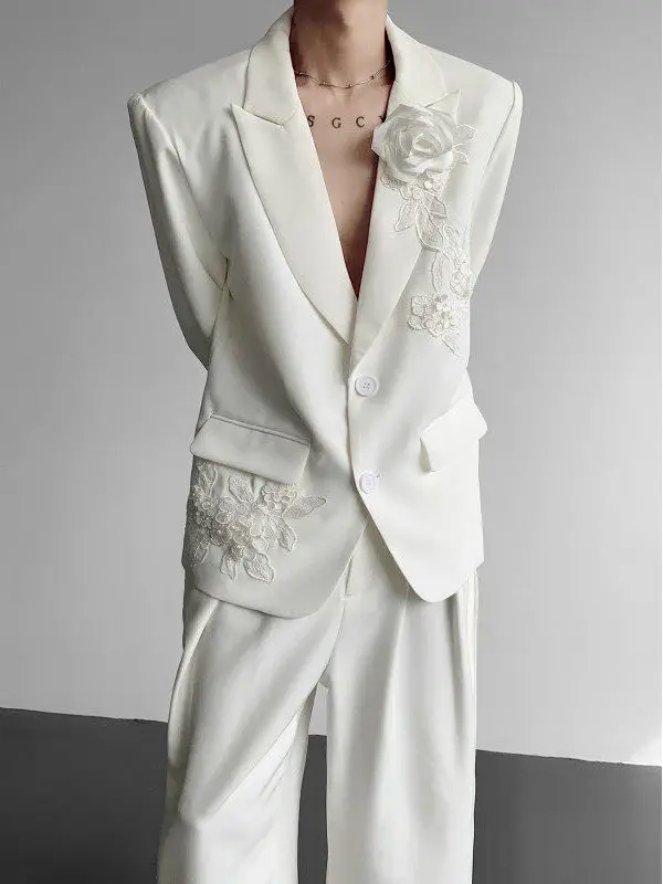 

Весенний мужской пиджак с объемной вышивкой роз и 3D-цветами, с подкладкой на плечах, белый, в корейском стиле