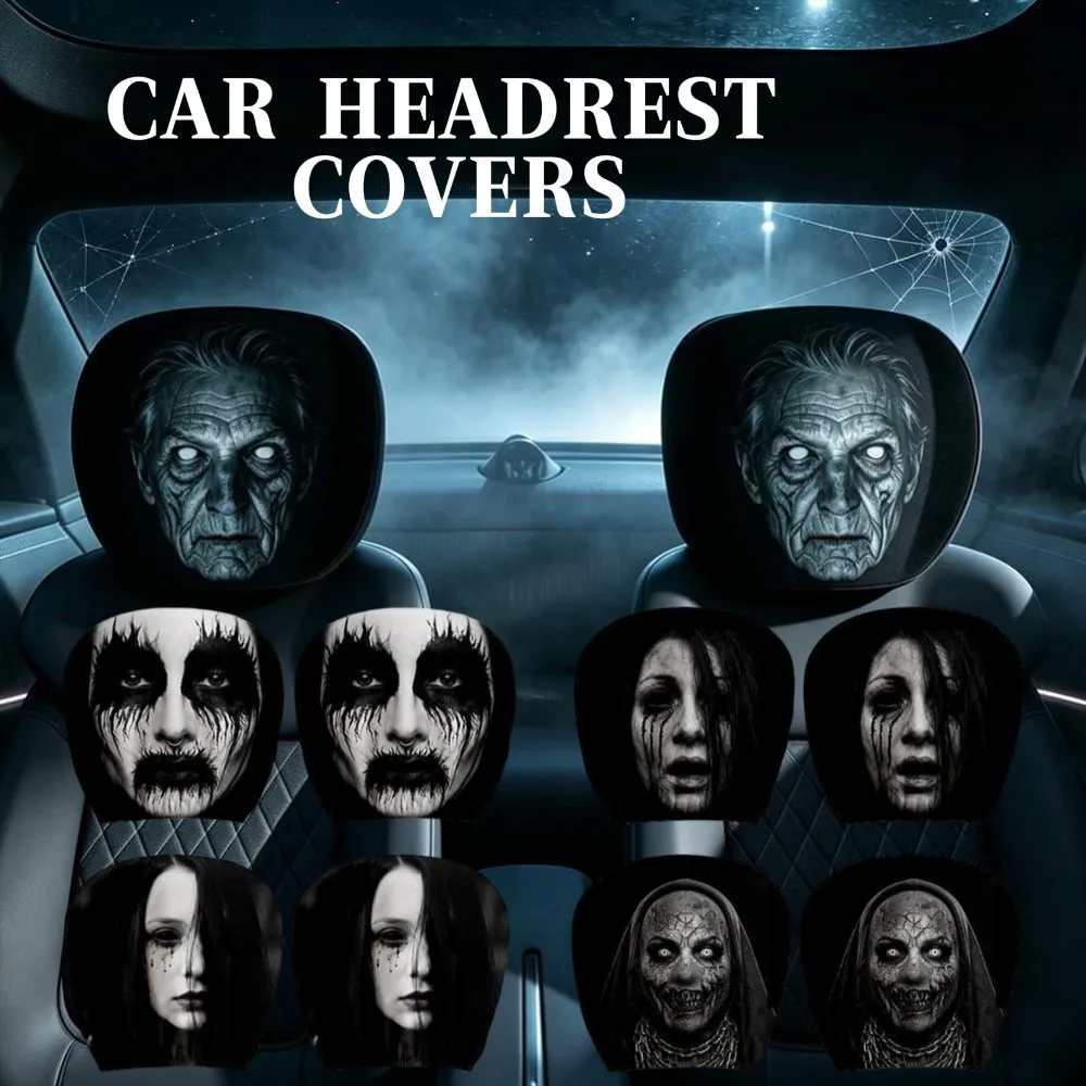 2pcs Universal Elastic Car Headrest Sleeves Halloween Horror Ghost Face Print Car Seat Head Covers Spooky Vehicle Interior Decor