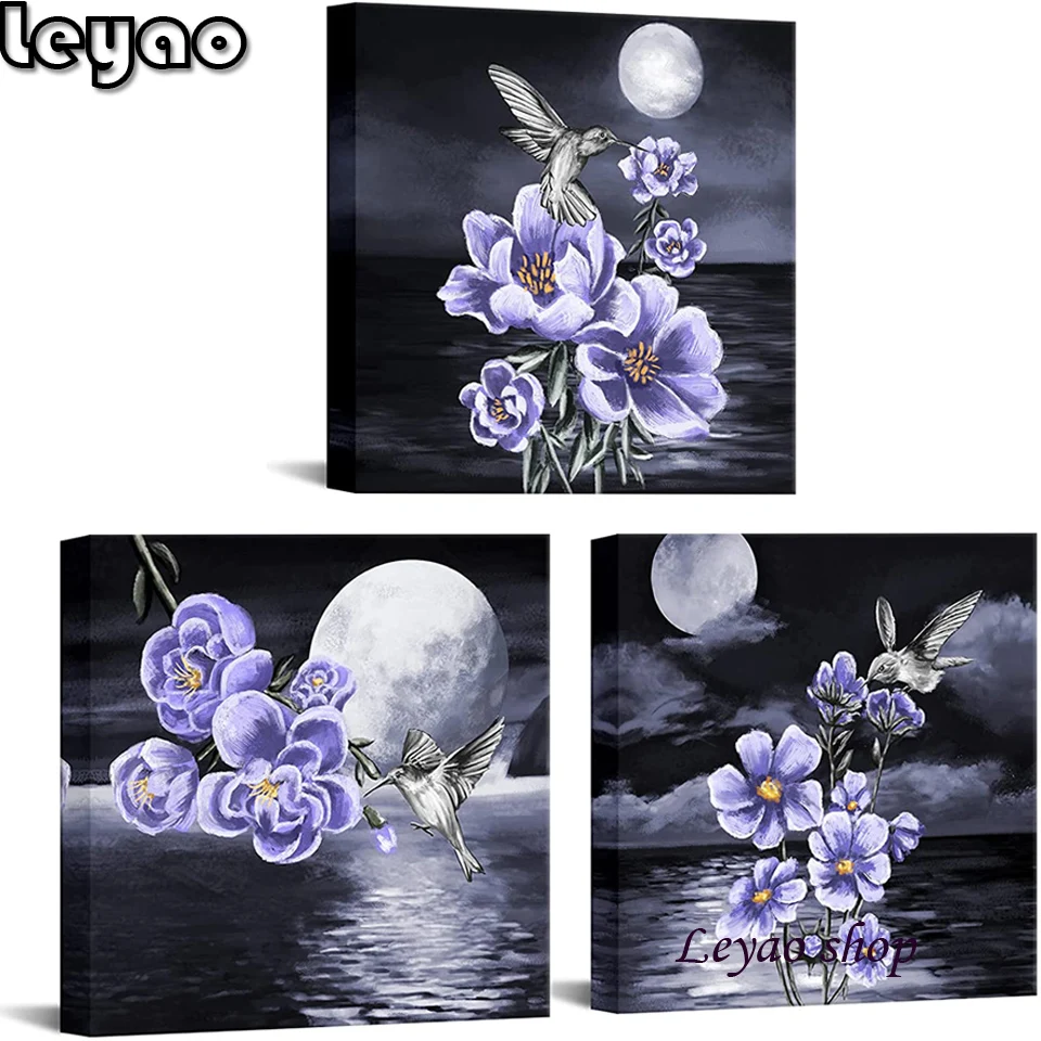 

Diamond Painting Moon Wall Art "Bird Sitting On Flower Branch" Triptych 5D Diamond Embroidery Purple Flowers Home Decor 3pcs