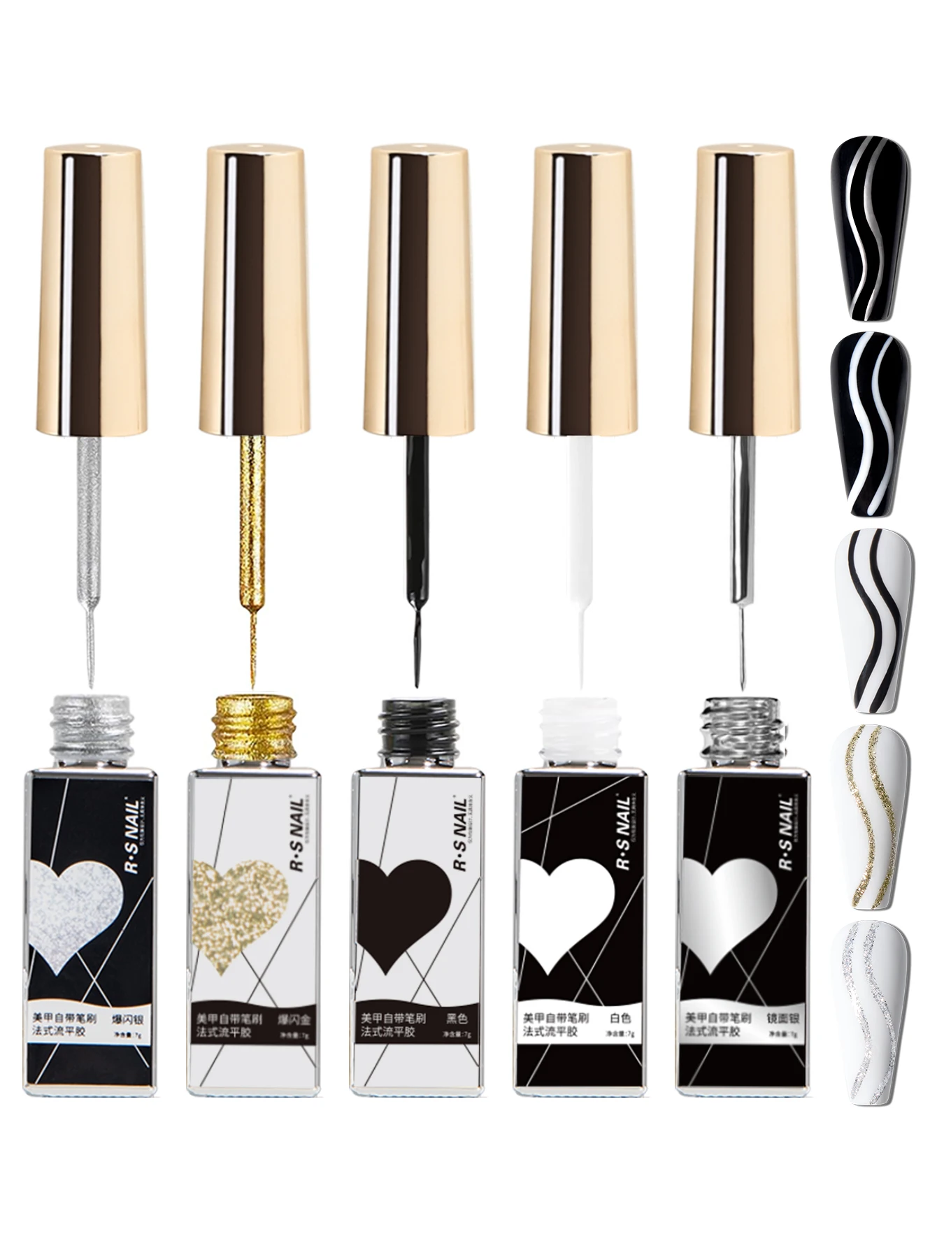 RSNAIL Glitter Metallic Liner Gel Nail Polish White Black UV