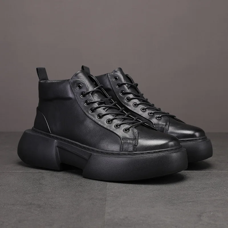 

YETTIES Men's Work Boots High Top Leather Shoes, Chunky Sole Outdoor Boots, Anti-Slip Platform Casual Ankle Boots for Men