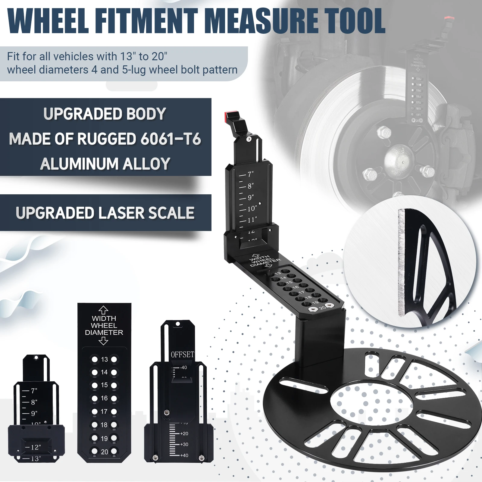 Herramienta Universal de medición de cubo de rueda automática, herramienta de compensación de montaje de rueda de vehículo, medidor de medición de compensación de coche, herramienta de cubo de rueda para 13 "-20"