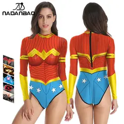 Nadanbao Women One Piece Swimwear Summerfashion Cool Punk Armor Print Party Swimsuits Zippper Long Sleeve Swimming Suit