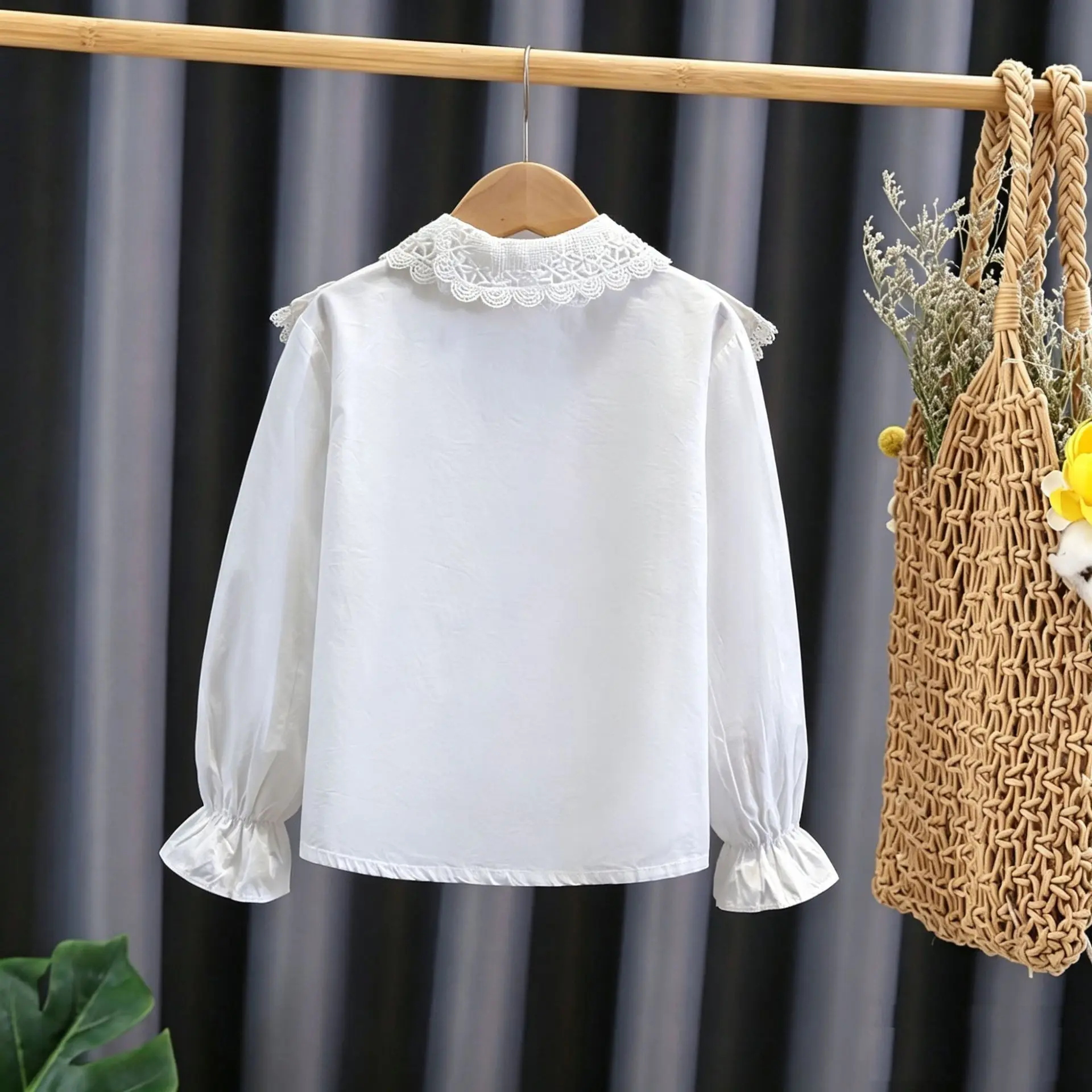 Children's Shirt White Long Sleeved Spring and Autumn Style Girls' Class Uniform Lace 2026 New Top