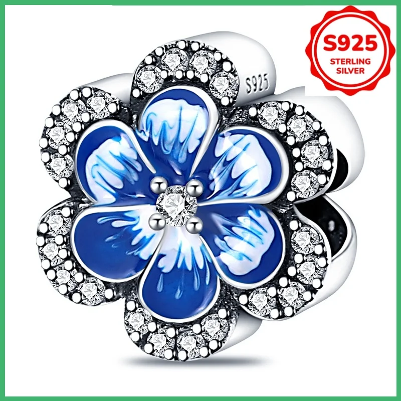 

925 sterling silver original blue flower charm bead suitable for DIY bracelets, necklaces, birthday jewelry gifts
