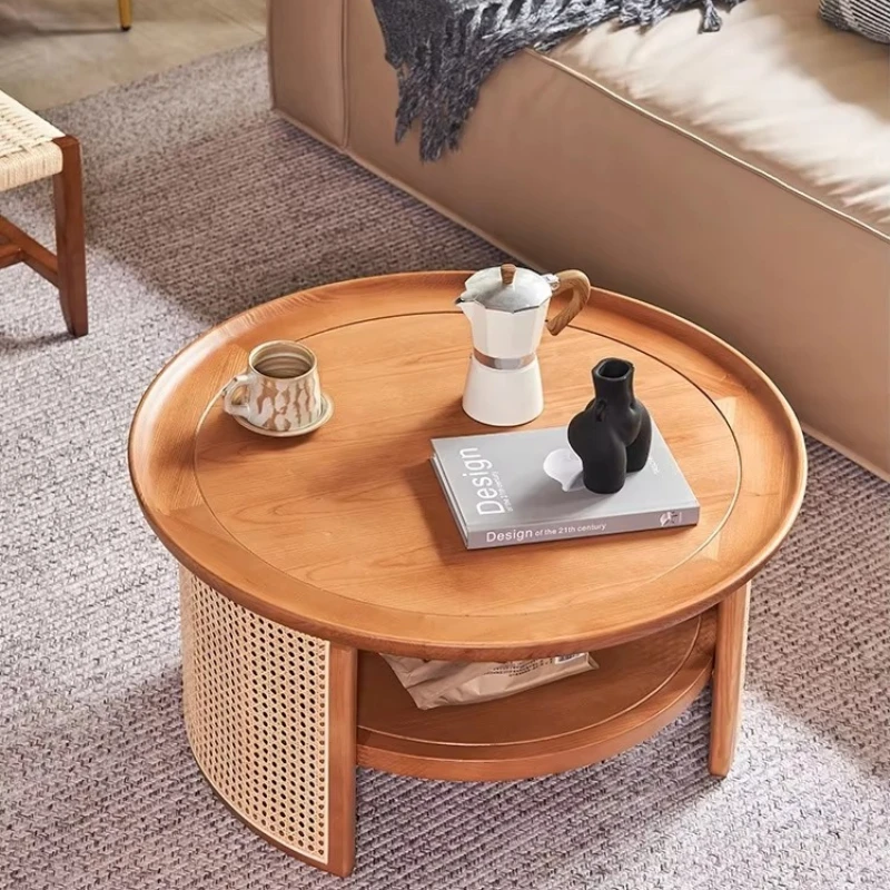 

Japanese Nordic simple solid wood rattan round living room coffee table