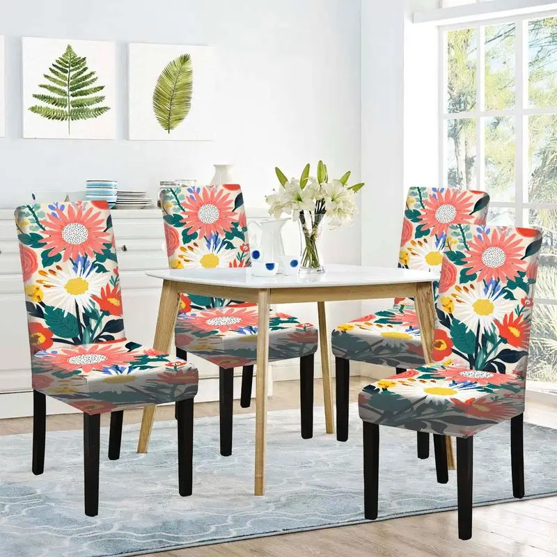 

Чехол для обеденного стула с плоским принтом, яркий цветочный узор, многоразовый, моющийся, защитный чехол для домашнего обеденного стула.