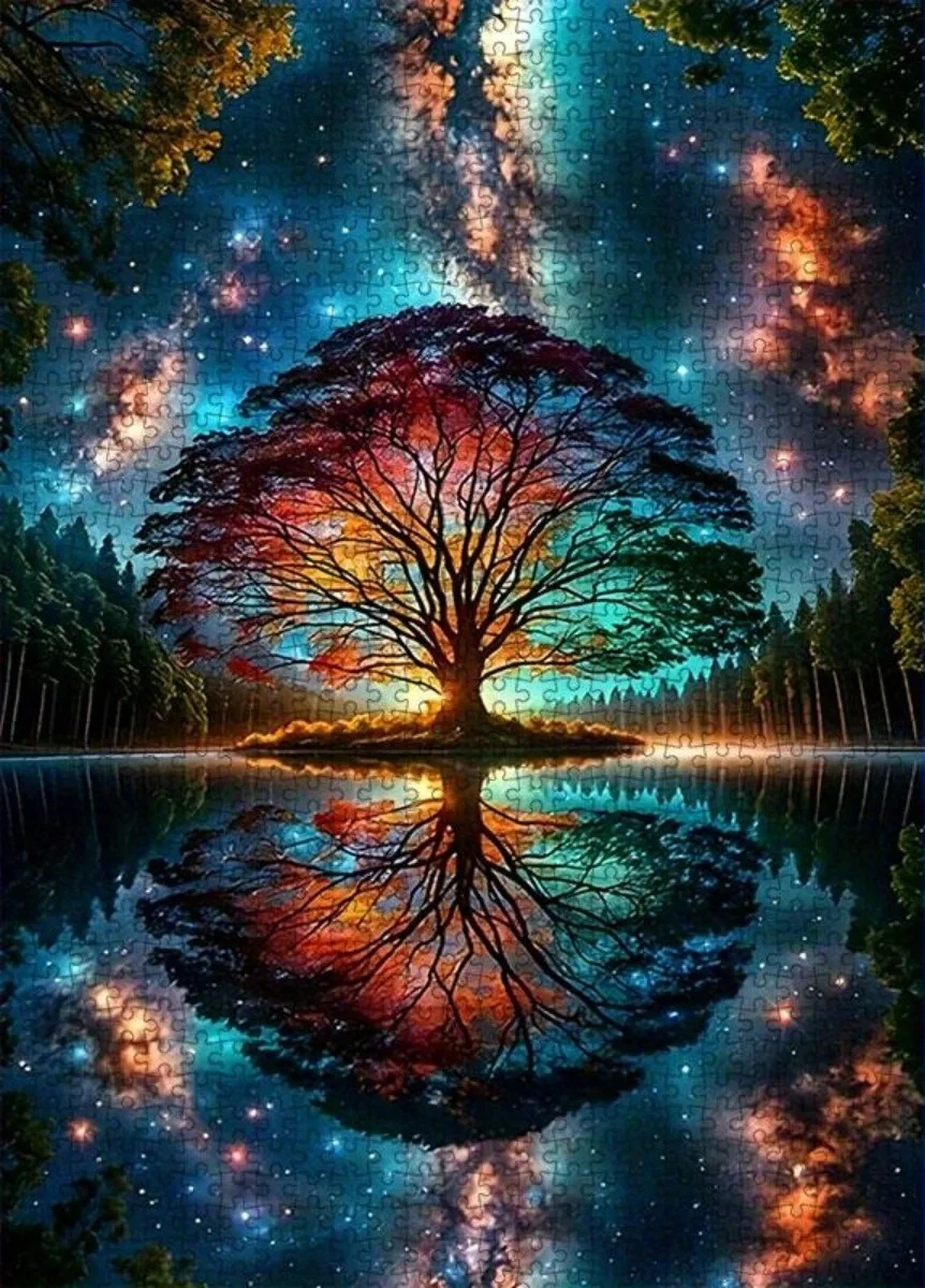 

DIY Galaxy Tree of Life Lake Reflection Jigsaw Puzzle, Colorful Nebula Starry Sky Forest Water Mirror Impasto Wall Decor