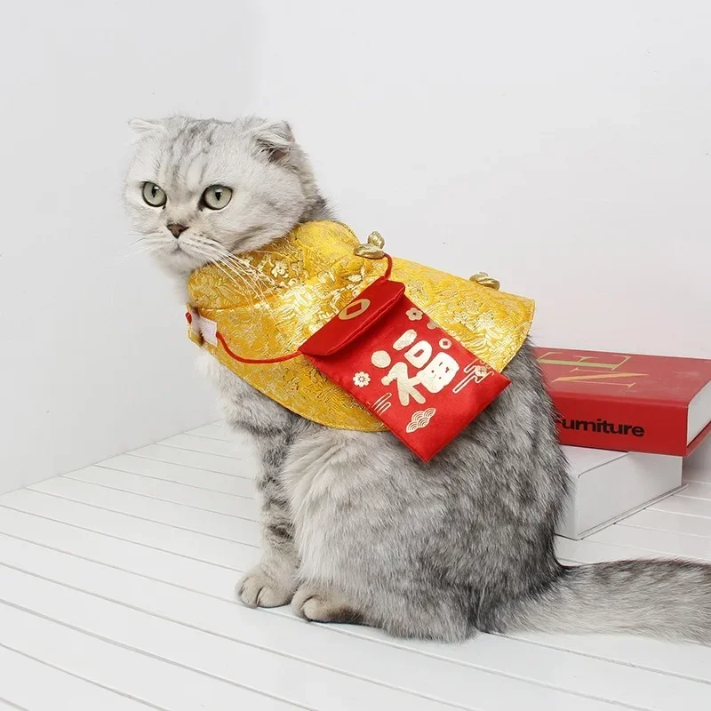 Pet Cat Dog Costume Chinese Style Cat Suit Spring Festival Cape Neck Red Envelope Christmas New Year Collar Bow Tie Costume