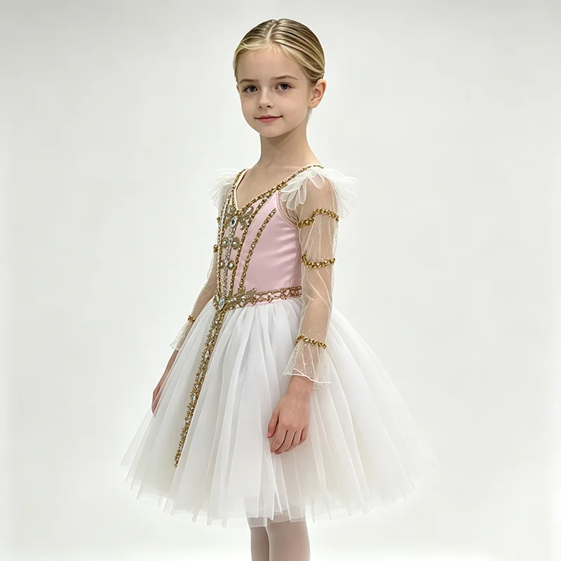 Kids pink heart neck heavy rhinestone ballet dress mesh long sleeve gold beaded waist belt white tulle tutu princess dance costu