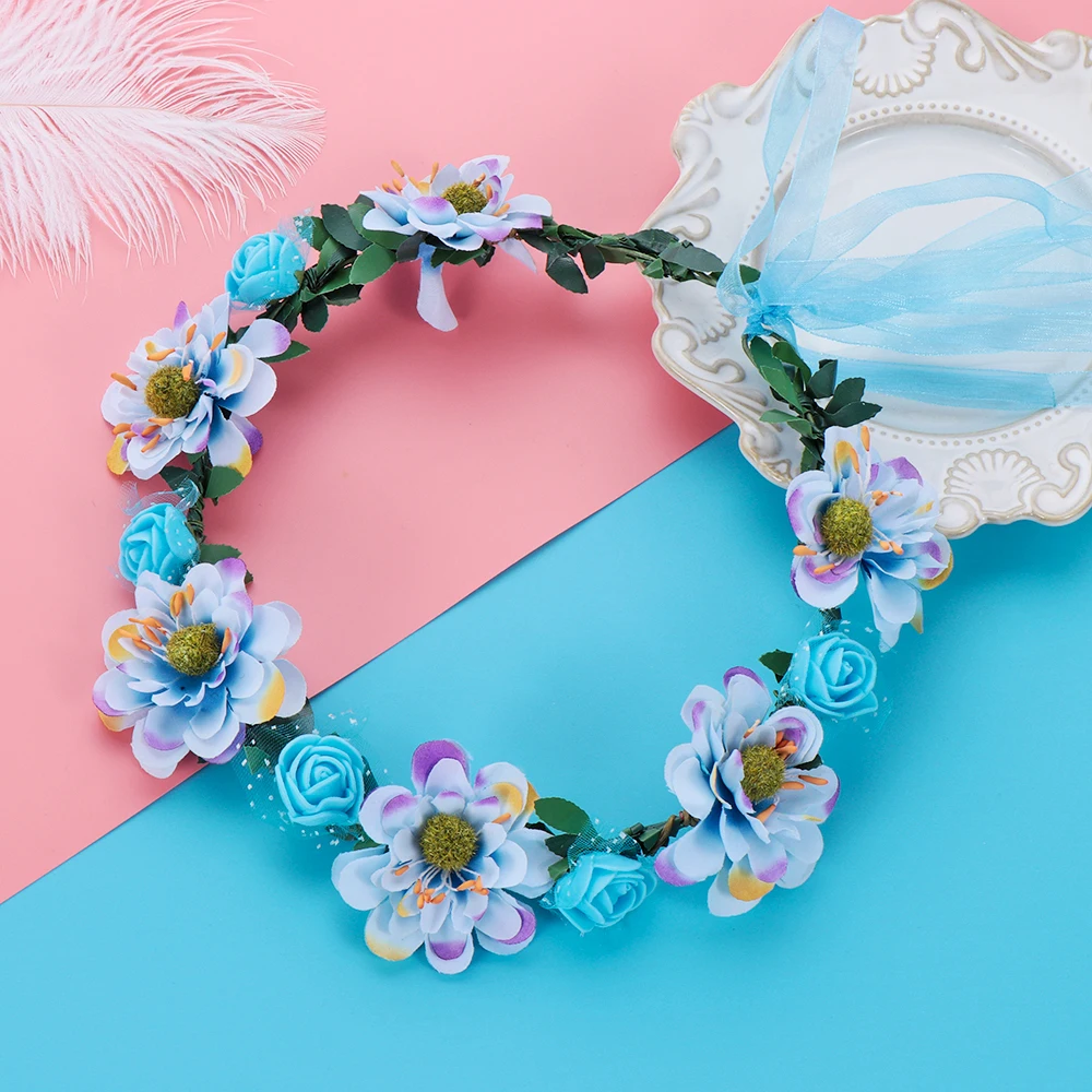 Fashion Bohemia Garland Flower Crown with Ribbon Women Bridal Rose Crown Sweet Girl Floral Wreath Wedding Party Beach Headband