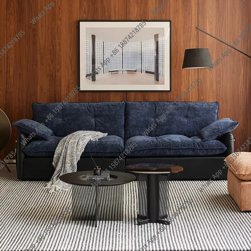 

Blue leather cloth medieval retro style small apartment living room French cream double cloud straight row floor sofa