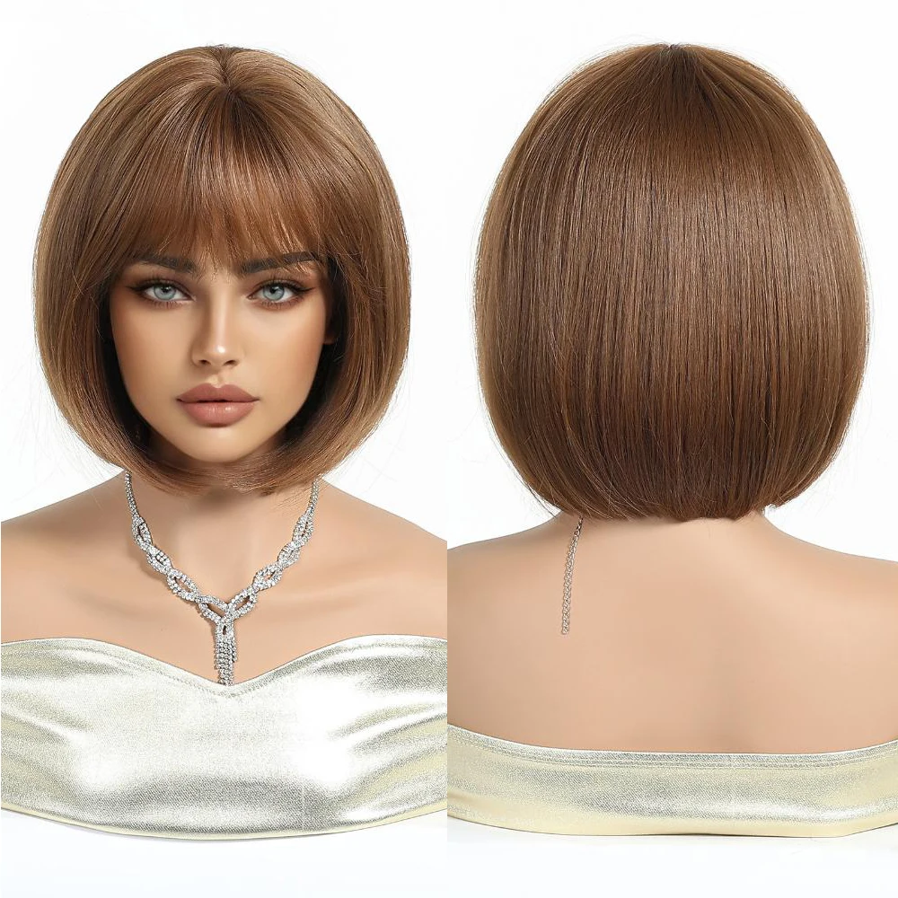 A 10-Inch Gradient Gold Short Straight Synthetic Hair With Bangs Is Suitable For Women'S Daily Parties. The Bob Wig Is Natural