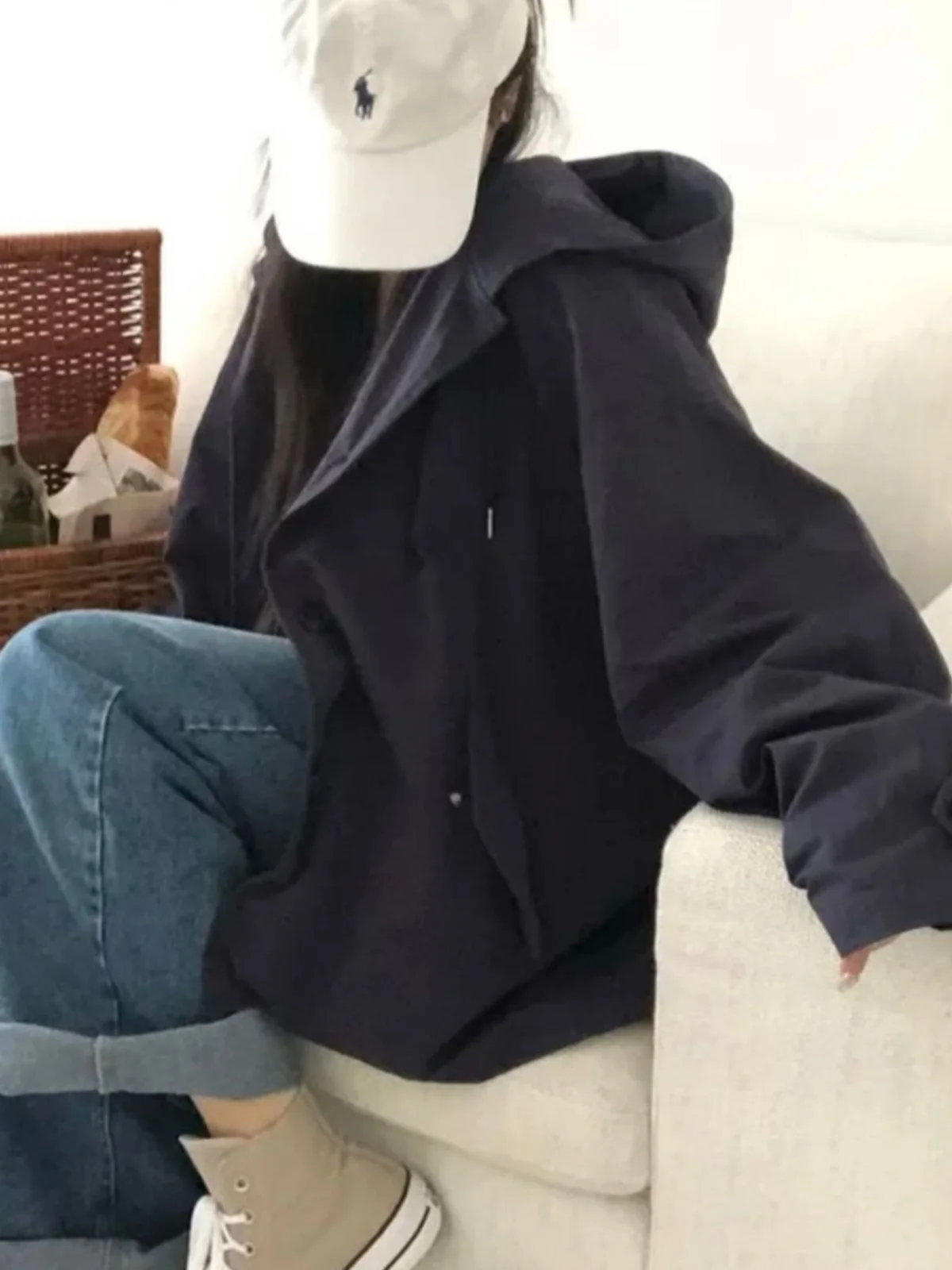 Small Size Women's Coat Jacket Early Autumn New Loose Versatile Shoulder Drop Sleeve Hooded Casual High-End Feeling Coat