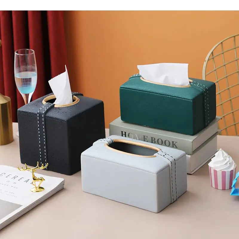 Square Rectangular Ceramic Tissue Box Imitation Leather Napkin Paper Towel Holder Home Storage