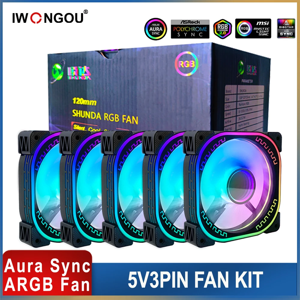 Kit Fans ARGB 120mm Cooler for Pc Case 12cm 5v3pin Cooling Fan IWONGOU Black Computer Ventilador PWM 4Pin Aura Sync Radiator