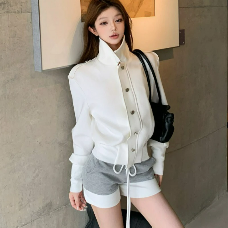 

2026 Spring Autumn New Fashionable Korean Style Hot Girl Stand-up Collar Single-breasted Threaded Waist White Short Outerwear