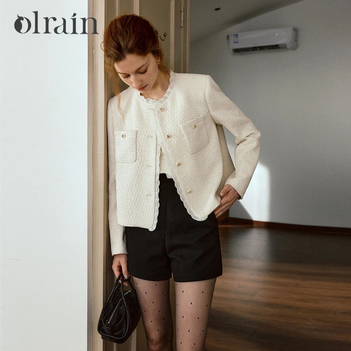 

OLrain French Short Coat Woman Casual Solid Lace O-Neck Placket Jackets 2025 Autumn New Arrival Female clothing GO57QW000258