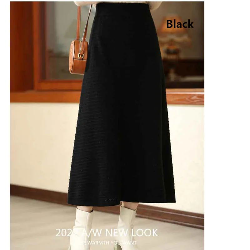 Fengbaoyu Autumn Winter 100% Wool Skirt Ladies Knitted High Waist Long Fashion A Line Skirt with Horizontal Pattern Light Luxury