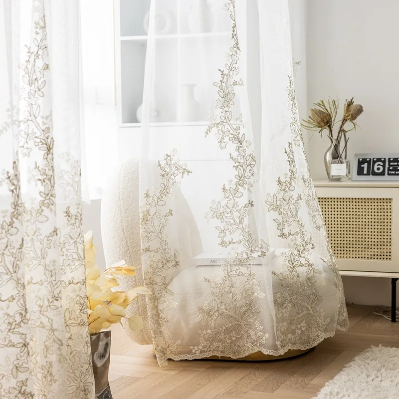Luxury Gold Thread Sheer Curtain for Living Room Bedroom Embroidery Flower Window Transparent Voile Panel Drapery Home Decor