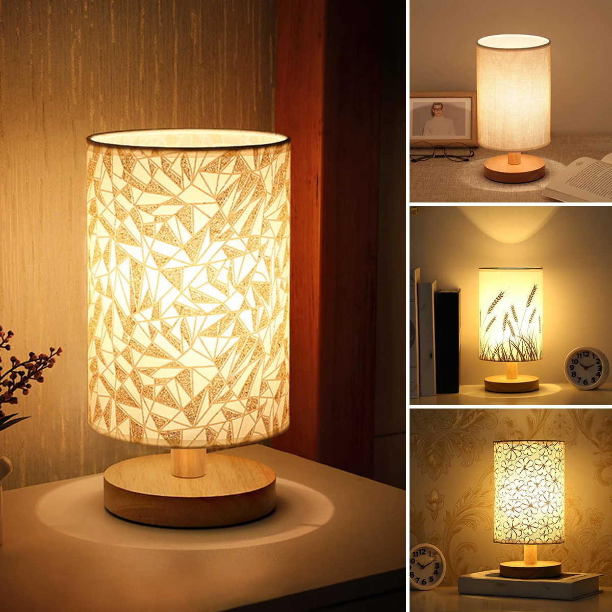 Wooden Linen Table Lamp Touch Control LED Linen Night Light With Warm White Light Bedside Table Light USB Powered Home Décor