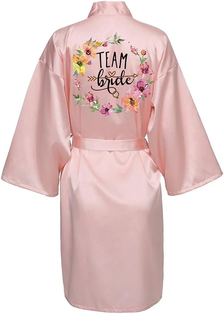 Women Silk Satin Short Night Printing Robe Kimono Robe Fashion Bath Robe Sexy Bathrobe Femme Wedding Bride Bridesmaid